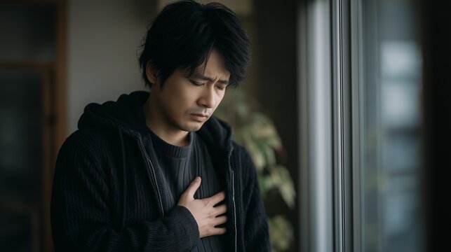 不安で胸を押さえる日本人男性