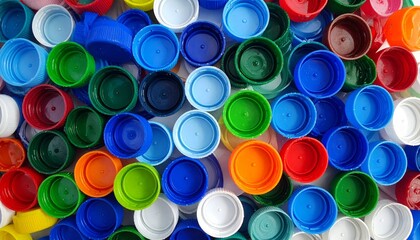 A vibrant and colorful collection of assorted plastic bottle caps, ideal for recycling and craft projects