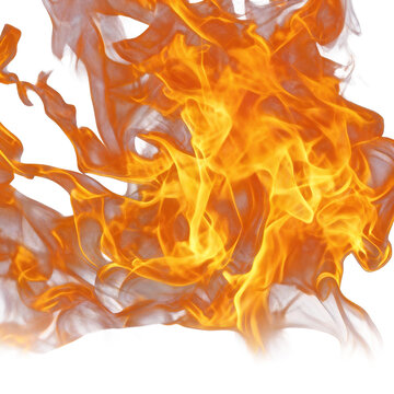High-resolution image of abstract, dynamic orange flames with smoke, set against a white background. Represents heat, energy, and combustion.