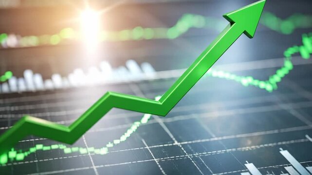 Green arrow pointing upwards on a financial chart, indicating positive growth and success.