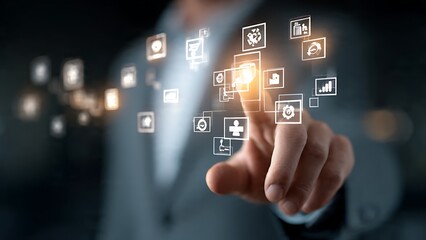 Professional interacts with futuristic glowing digital interface showcasing business analytics, workflow icons and technology solutions