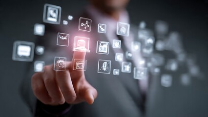 Professional businessman interacts with glowing digital interface, selecting data icons for future success and innovation in technology.
