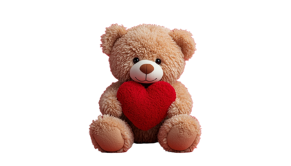 A cute teddy bear sitting on a transparent background with a red heart