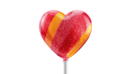 A heart-shaped lollipop with red and yellow stripes on a transparent background