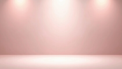 Empty studio backdrop with soft pink walls and floor illuminated by two overhead spotlights, creating a warm and inviting ambiance for product display or photography