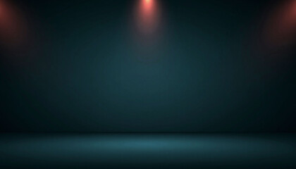 Dark studio backdrop with dramatic overhead spotlights casting warm light onto a reflective floor, creating an atmospheric stage setting