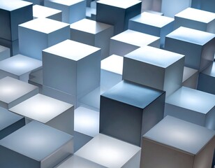 Obraz premium Illuminated abstract cubes, varying heights, cool blue tones, geometric pattern