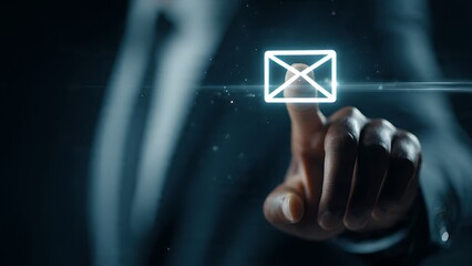 Professional hand engaging with glowing digital email icon on futuristic interface, symbolizing communication and connectivity