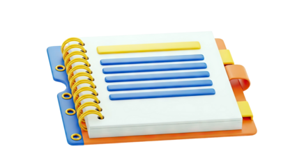 3D Illustration of a Spiral Notebook with Blue Lines and Yellow Accents