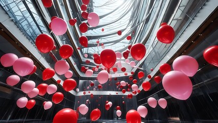 Interior view of a modern building atrium filled with red & pink balloons floating towards an open sky roof