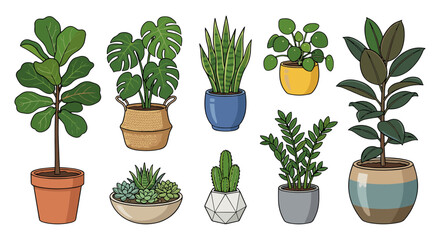 Obraz premium Collection of various potted houseplants, including succulents, snake plants, and fiddle-leaf figs, presented in a modern, minimalist illustration style