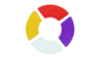 Four-part circular infographic element with red, yellow, purple, and white segments