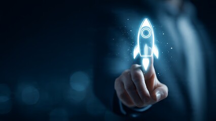 Professional hand launching futuristic glowing rocket icon symbolizing startup success and ambitious business growth in modern digital space