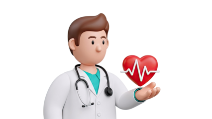 3D Doctor Character Holding a Heart with Heartbeat