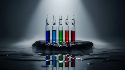 colorful ampoules with various liquid chemical solutions standing on a wet surface with reflections ideal for scientific medical and cosmetic research concepts