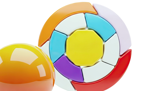 Colorful Geometric Puzzle Ball with Orange Sphere - Powered by Adobe