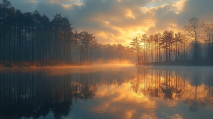 Serene lake at sunrise reflecting golden sky and silhouetted pine trees in misty forest
