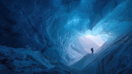 Ice cave explorer beneath glacial formations