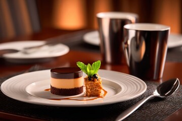 A refined plated chocolate mousse dessert sits on a biscuit crust with mint garnish and warm lighting indoors