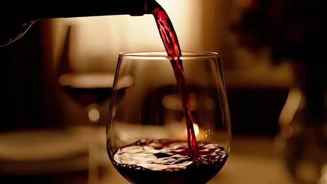 Close-up of Red Wine Pouring from a Bottle into a Glass in a Dark, Warm, and Romantic Setting