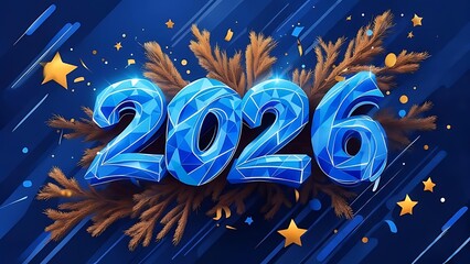Graphic celebrating 2026. Bold blue, faceted numbers, golden stars, confetti, and pine needles against a dark blue gradient