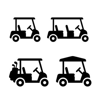Golf cart vector silhouette collection. Set of standard and four seater buggy side view icons with golf clubs bag isolated on white background.