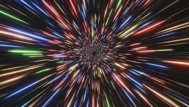 Colorful radial light bursts converge at center, forming a vivid tunnel of streaking beams! zooming!