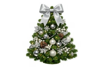 Christmas tree decorated with silver bow, ornaments, pine cones, and white berries, creating a festive holiday atmosphere
