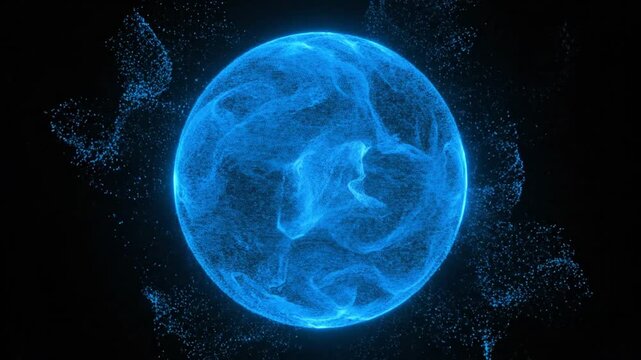 Glowing blue sphere surrounded by swirling particles in a dark environment from a frontal viewpoint