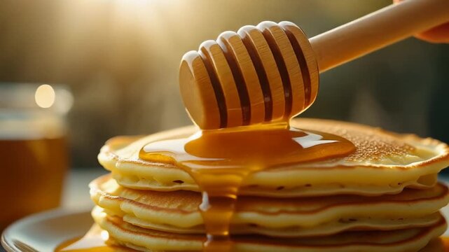 Close-up shot of golden honey pouring over stack of freshly made pancakes highlighting fluffy texture and thick glossy honey viscosity