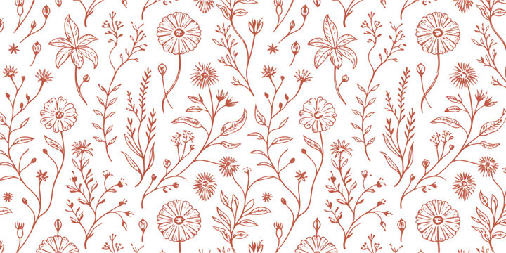 Vintage floral seamless pattern with hand drawn wild flowers and herbs in terracotta color