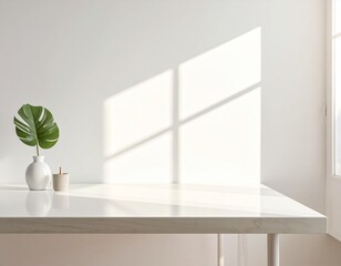Minimal White Table with Soft Sunlight Shadows and Green Plant for Clean Interior Background
