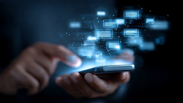 Seamlessly connect and communicate with dynamic digital messages flowing from a modern smartphone screen in vibrant blue light. - Powered by Adobe
