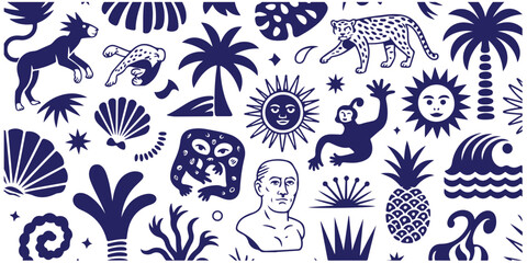 Eclectic collage of exotic animals palm trees pineapple sun and antique statue head vector © VANU