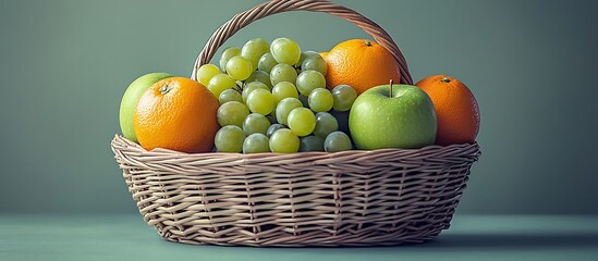 Basket of Fresh Fruits - Grapes, Oranges, and Apples.