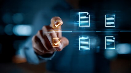 Professional selects digital documents on futuristic interface, optimizing data management and workflow efficiency for modern business solutions.