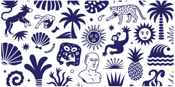 Eclectic collage of exotic animals palm trees pineapple sun and antique statue head vector