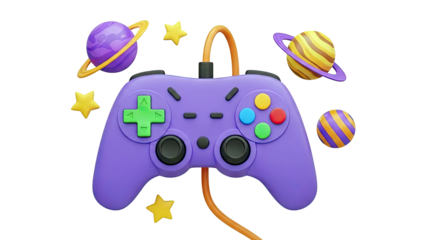 3D Rendering of a Purple Game Controller with Planets and Stars