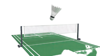 Badminton court with shuttlecock in mid-air