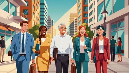 Diverse Business Professionals Walking in City Street Illustration.