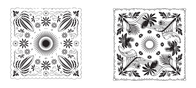 Square pattern design with tropical palms sun and floral elements in black and white style