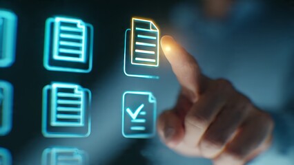 Professional selects digital document icon glowing on futuristic interface, symbolizing data management and organization for modern business solutions.