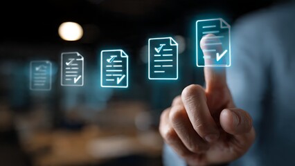 Professional choosing digital documents with checkmarks for efficient workflow and approval processes, symbolizing success.