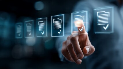 Person interacts with digital checklist interface, confirming tasks and ensuring project completion with glowing icons and modern technology