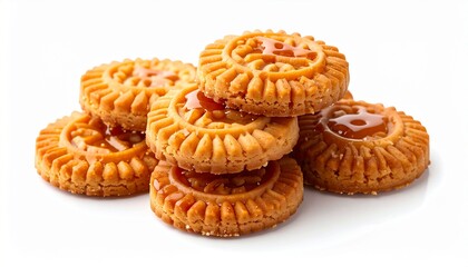 A delicious stack of golden-brown cookies with intricate patterns and a sweet, glossy filling, presented on a white background.