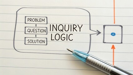 Inquiry Logic Concept with Problem, Question, and Solution Flowchart on Notebook Paper with Pen