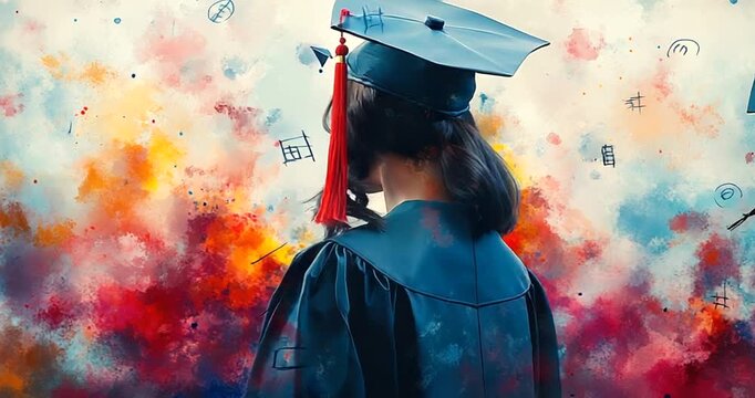 Graduate in Cap and Gown Against Colorful Background