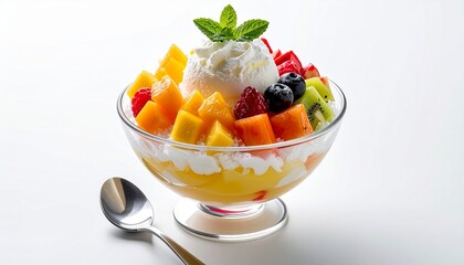 A vibrant and refreshing fruit parfait featuring diced mango, kiwi, blueberries, and raspberries, topped with whipped cream and a mint leaf in a clear glass bowl.