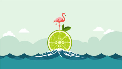 A vibrant, whimsical illustration featuring a pink flamingo balancing gracefully atop a fresh green lime amidst a serene, stylized ocean scene.