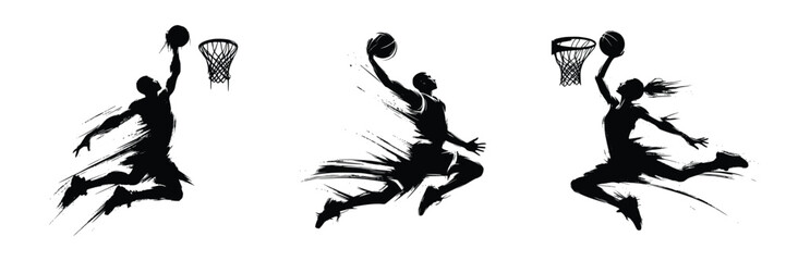 black brush stroke silhouette of a playing basketball on white background © Ranadhie